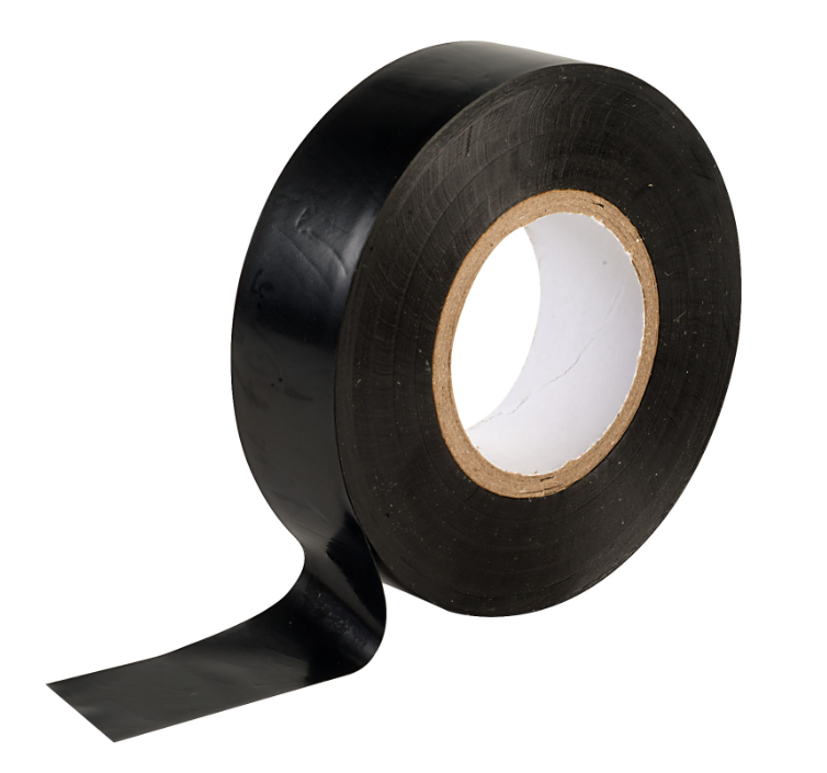 Aluminum foil tape, black vinyl insulation tape, and plastic insulation pins used for securing and sealing HVAC insulation systems