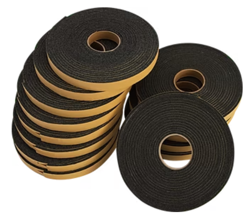 Rolls of polyolefin foam gasket tape used for sealing HVAC ducts, pipes, and construction joints