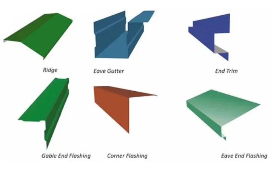 Various custom bended metal roofing accessories including ridge caps, gutters, flashing, and trims in different shapes and colors